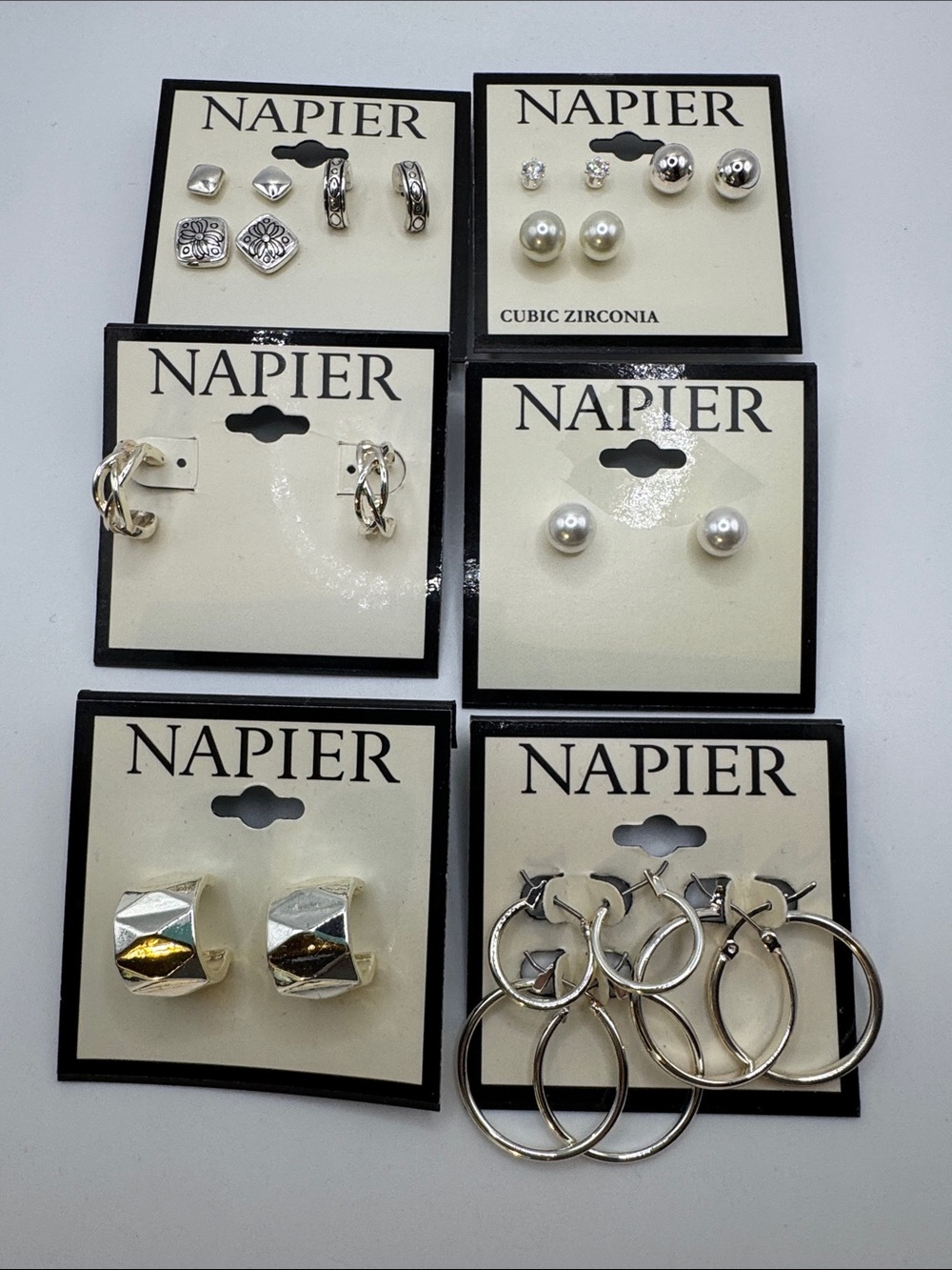 6 Pairs of Napier Silver-Tone and Faux Pearl Earrings